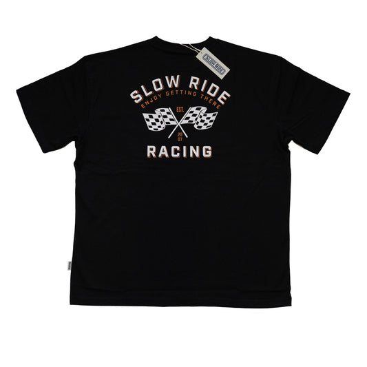 Race Flag Heavyweight Tee (Black) - Slow Ride- Black Slow Ride t-shirt featuring a bold 'Slow Ride Racing' design with checkered flags, perfect for Off-Roading and Off-Road Racing enthusiasts. This slow ride shirt celebrates the vintage Volkswagen culture, including the iconic Volkswagen bus, Volkswagen bug, and Baja bug. Ideal for those who embrace the Garage and Racing lifestyle and live by mottos like 'Enjoy Getting There,' 'Wheelin and Spilling,' and 'Restore and Destroy.' A must-have for blue-collar wo