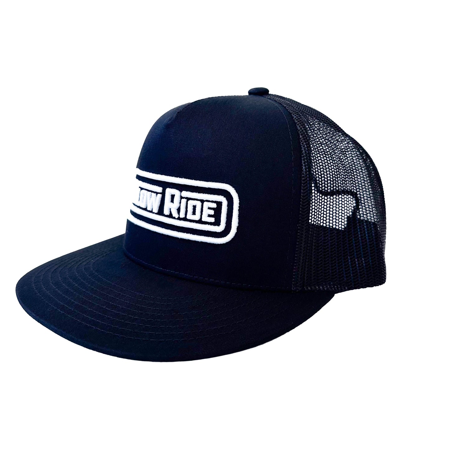 Radio Trucker Hat (Black) - Slow Ride- Black Slow Ride mesh trucker hat featuring bold logo, perfect for Volkswagen bus and vintage Volkswagen enthusiasts. Ideal for off-roading, off-road racing, and Baja bug fans. A staple accessory for the Garage and Racing lifestyle, whether you're enjoying getting there or engaging in wheelin' and spilling. This hat embodies the spirit of restore and destroy, making it a must-have for blue-collar workwear. Elevate your style with this durable, comfortable Slow Ride hat